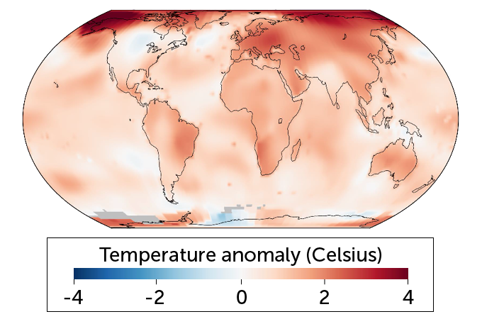 2019 global temperatures compared with 1951–1980 averages