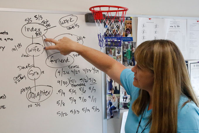 Public health nurse standing at and pointing at a white board