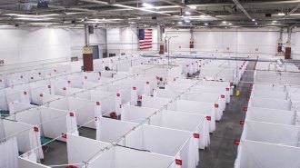 view from above of a huge room filled with curtain partitions and hospital beds