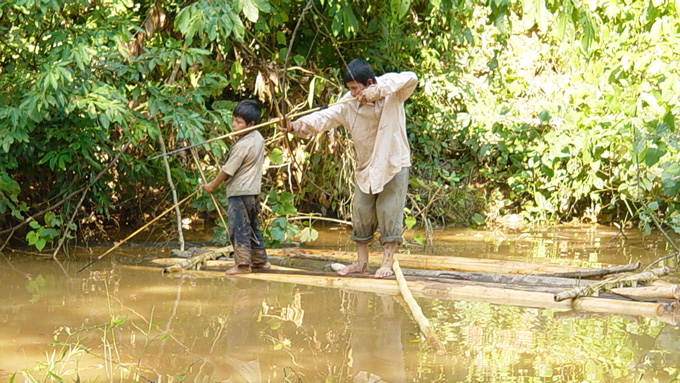 members of Indigenous Tsimane people in Bolivia fishing using bow and arrow