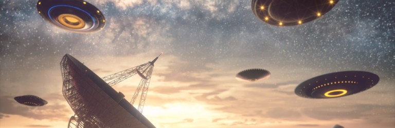 illustration of telescope with alien spaceships