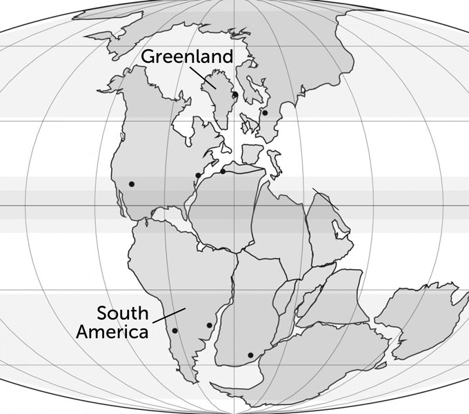 continent map of late Triassic fossil sites