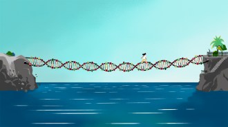illustration of a woman walking across of a bridge of DNA