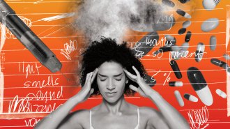 illustration of woman with headache with pills and a syringe in the background