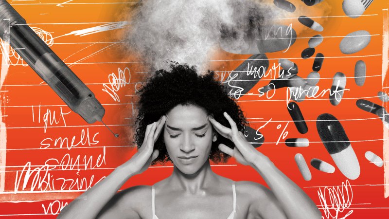 illustration of woman with headache with pills and a syringe in the background