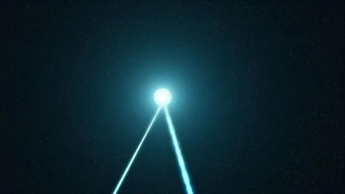 two beams of light stream out from the bottom of a bright orb in the center of the picture