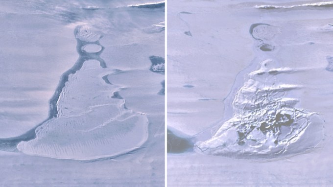 satellite images from before and after drainage of an ice-covered lake in Antarctica