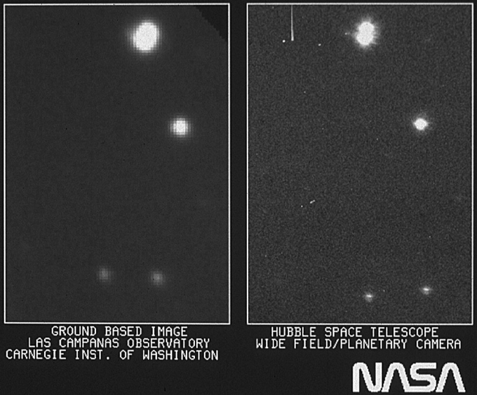 side-by-side images of stars, seen as white dots on a black background