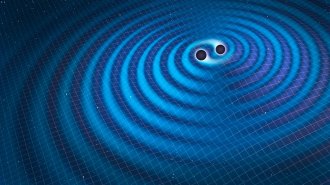 illustration of gravitational waves forming around two black holes spiraling around one another