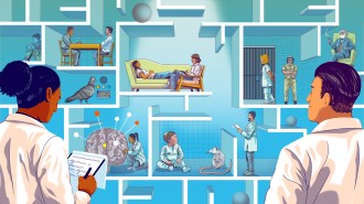 illustration of two scientists looking at boxes depicting famous psychology experiments