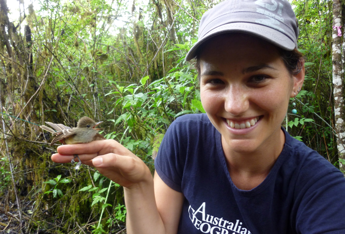 Diane Colombelli-Négrel holds a brown bird on her hand