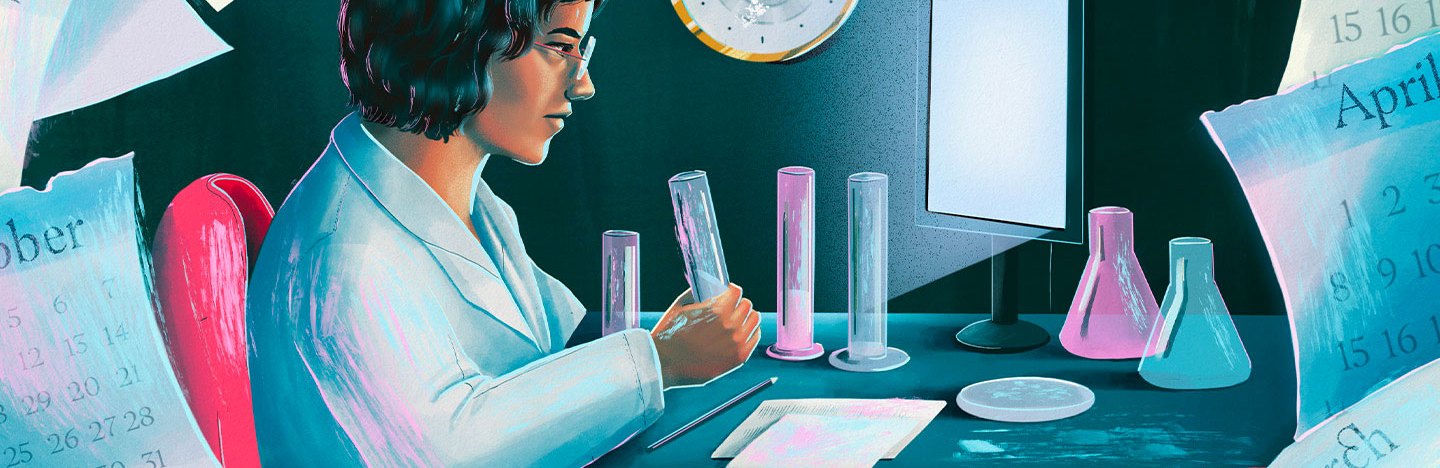 illustration of a female scientist working in a lab surrounded by calendar sheets with the names of different months