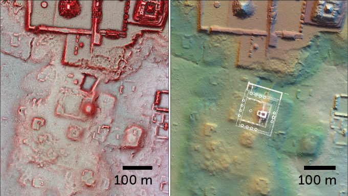 Two lidar images of the newfound Teotihuacan-style plaza and pyramid at Tikal. Right half shows an overlay, at 30 percent size, of Teotihuacan Ciudadela on the Tikal structures, showing similarity in orientation, platforms and pyramid