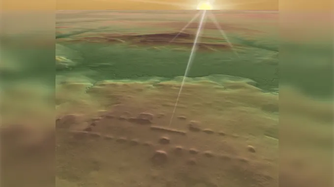 3-D image created using lidar data recreating a ceremonial Olmec center on Mexico&#039;s Gulf Coast, with sunrise aligned with entrance