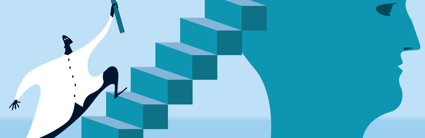 illustration of a scientist holding a magnifying glass running up stairs