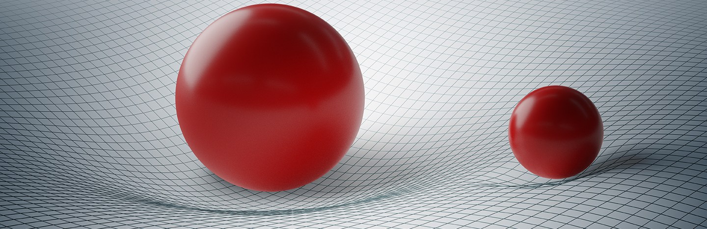 image of two red spheres warping a black and white spacetime grid