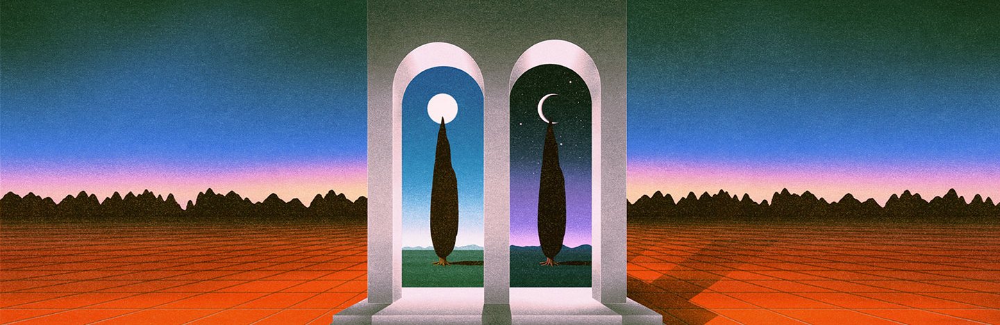 illustration of two arched doorways showing a tree in day and night