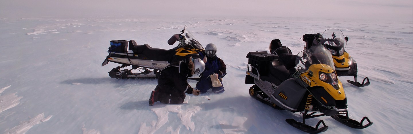 image of researchers crouched on the ice with snowmobiles