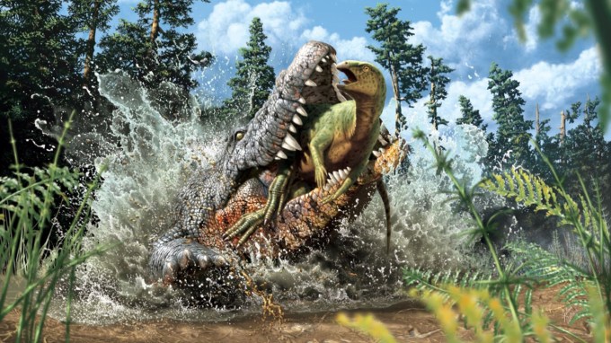 illustration of a giant crocodile eating a dinosaur