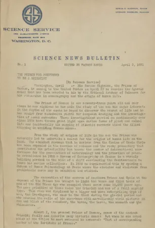 first page of Science News Bulletin from April 2, 1921