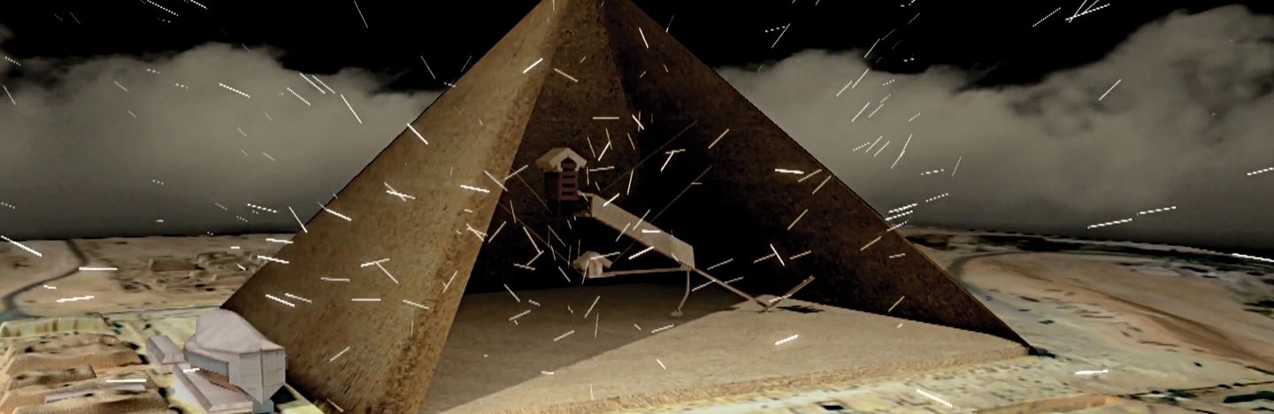 illustration of muon particles raining down on the Great Pyramid of Giza