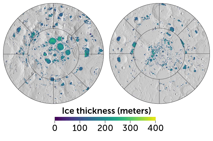 graphic showing potential ice deposits at the moon’s poles