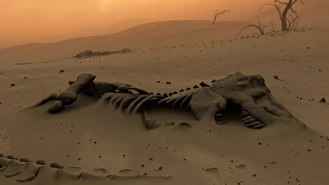an illustration of a dinosaur skeleton partly buried by debris