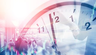 image showing a semi-transparent clock overlayed over a photos of a city sidewalk scene and a handshake