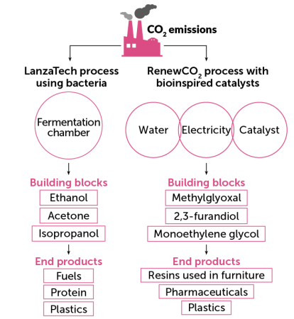 flow chart showing how CO2 emissions are converted via the LanzaTech process using bacteria and the RenewCO2 process with bioinspired catalysts. LanzaTech uses a fermentation chamber to turn CO2 into ethanol, acetone and isopropanol, which are then used to make fuels, proteins and plastics. Renew CO2 creates building blocks like methylglyoxal, 2,3-furandiol, and monoethylene glycol to make end products like resins used in furniture, plastics and pharmaceuticals.