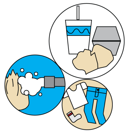 illustration of three circles with things that contain PFAS: food containers, clothes, and fire foam