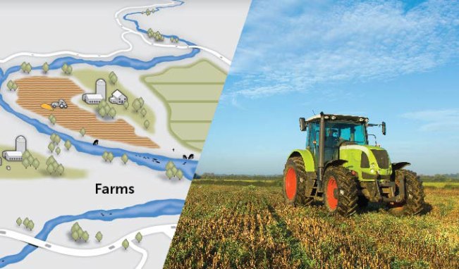 composite of an illustration of a farm and a photo of a tractor in a field