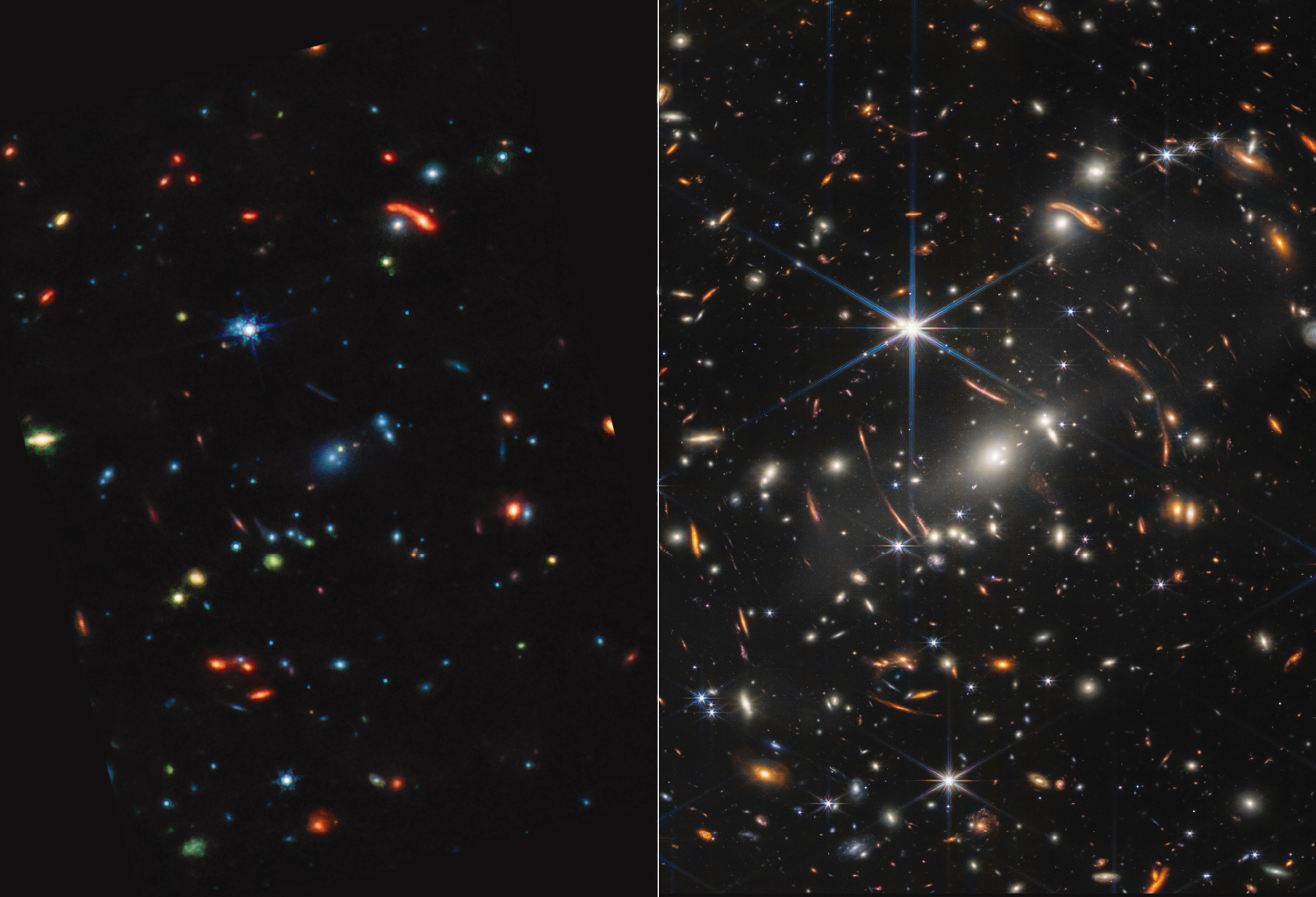 James Webb Space Telescope first deep field image with the image on the left taken with the telescope's MIRI instrument and the image on the right taken from the NIRCam