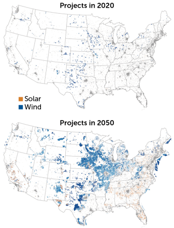 Two maps showing few solar and wind projects in 2020 and many more proposed projects in 2050 to help reach net zero.