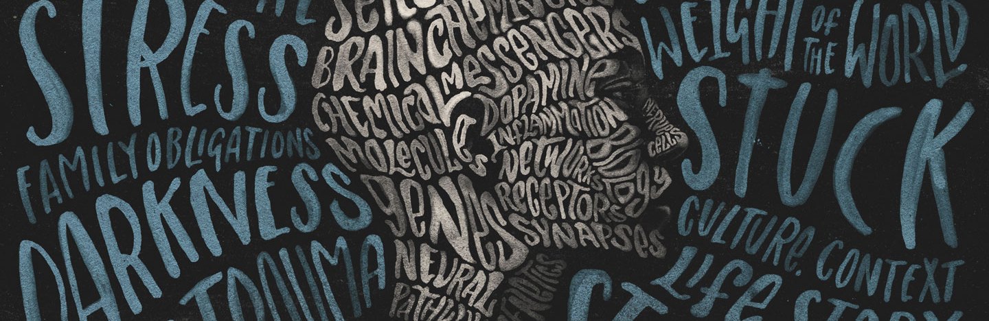 An illustration of a person's head in profile created with words.