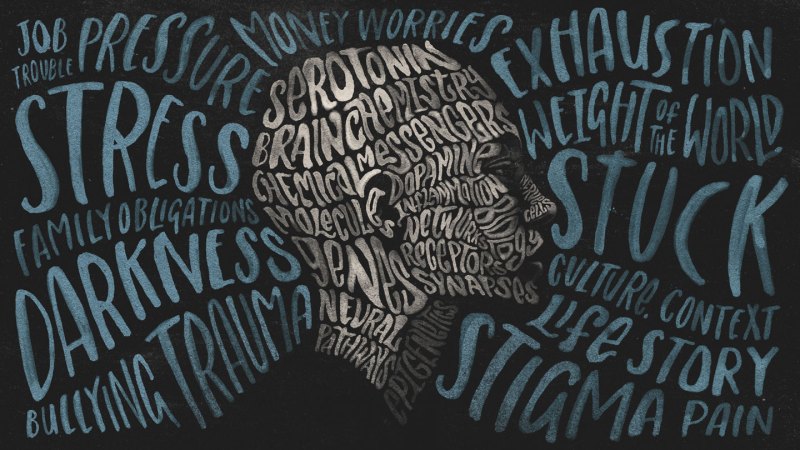 An illustration of a person's head in profile created with words.