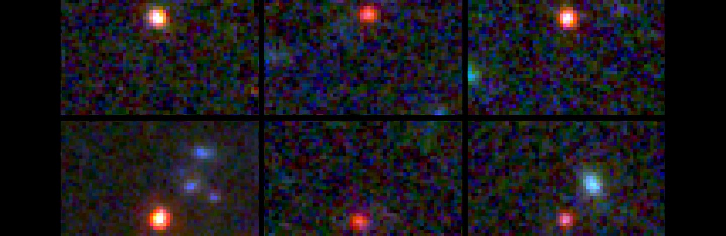 Six images from the James Webb Space Telescope with three on top and three on the bottom. Each shows a different bright, red, dot that is a galaxy.