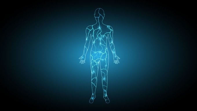 An illustration of a body created with light blue lines to simulate electricity.