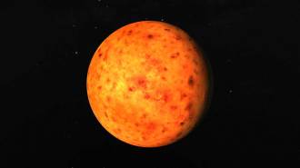 An illustration of an orange planet with dark orange and red spots scattered across its surface.
