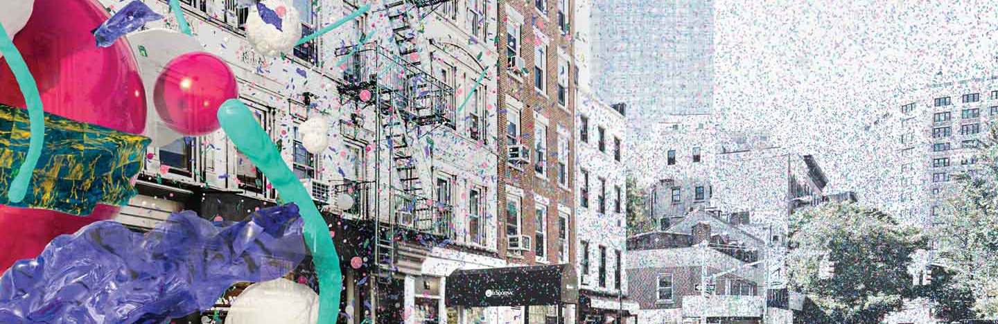 A photo of a city street with over large bits of microplastics overlaying the image.