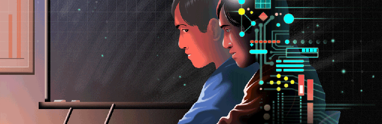 a side profile of a young man sitting in a classroom taking notes at a desk. He is looking at another young man next to him, who is also writing. Overlaid over the second student are animations suggesting computing, algorithms and artificial intelligence