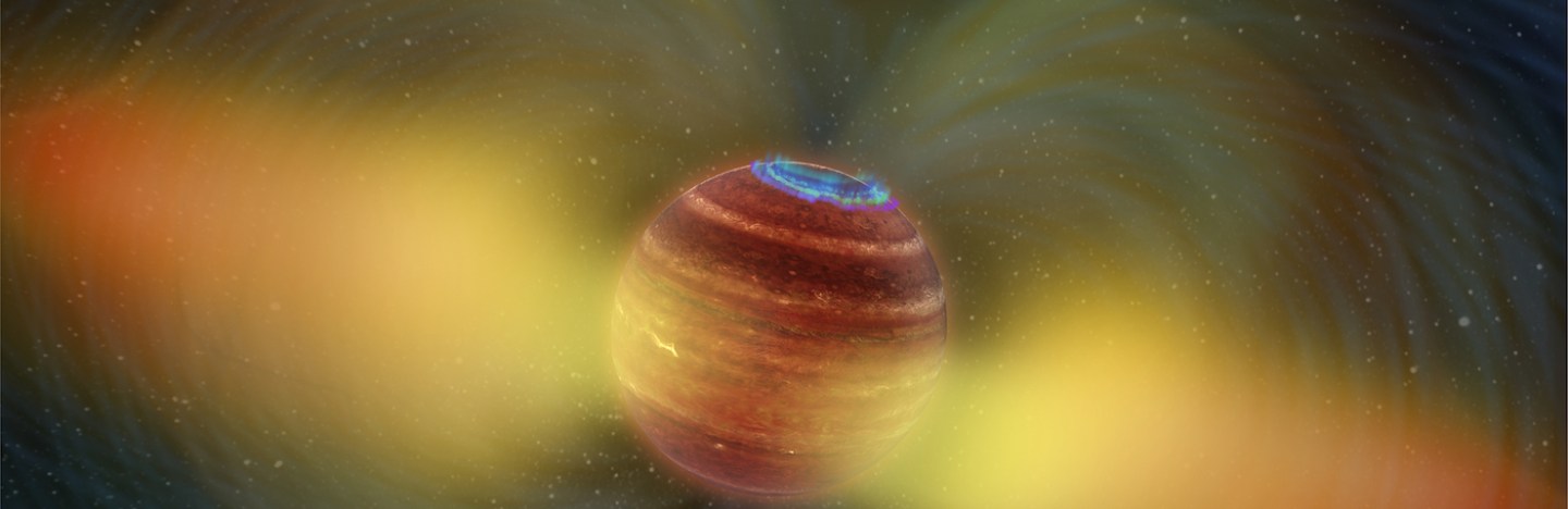 An illustration of a reddish planet with swirling patterns depicting its radiation field
