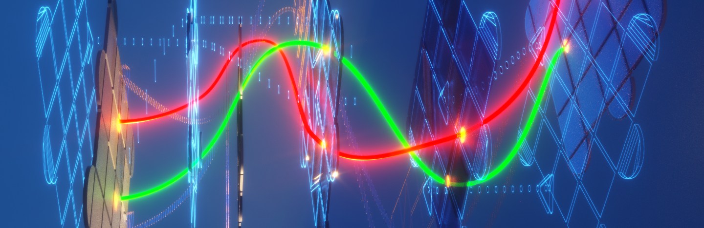 illustration of red and green squiggle lines passing through several grids