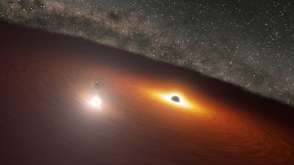 An illustration of a supermassive black hole orbiting an even larger black hole with a field of stars in the background.