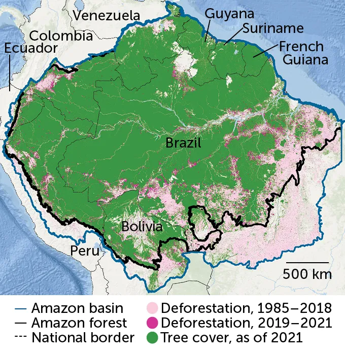A map of the Amazon forest covering the northern part of South America over several countries. The map shows the tree cover as of 2021 as well as the larger area where there use to be trees starting in 1985.