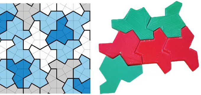 Side-by-side of the einstein tile image and a 3-D printed version of the tile
