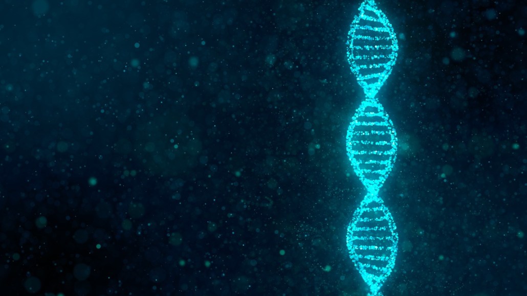 An illustration of a DNA helix on a dark blue background.