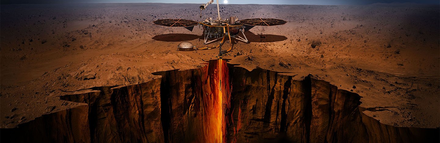 Illustration of NASA’s InSight lander measuring seismic waves from quakes and meteorite impacts to study the liquid metal ball at the heart of the planet.