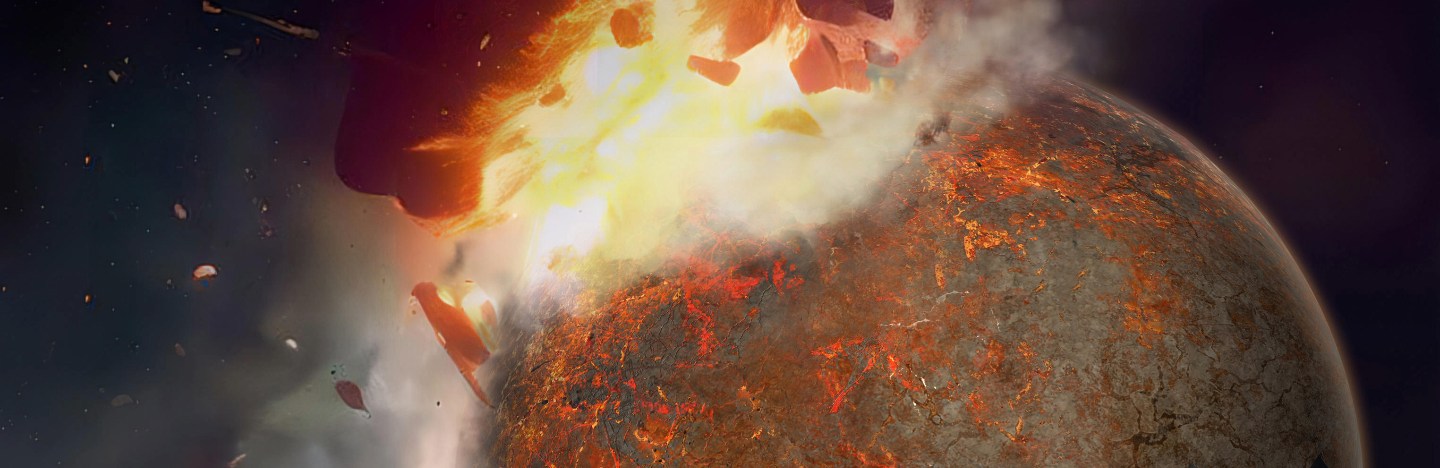 An illustration of a large rock hitting what looks like a planet.
