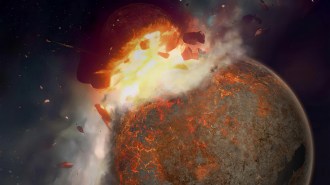 An illustration of a large rock hitting what looks like a planet.