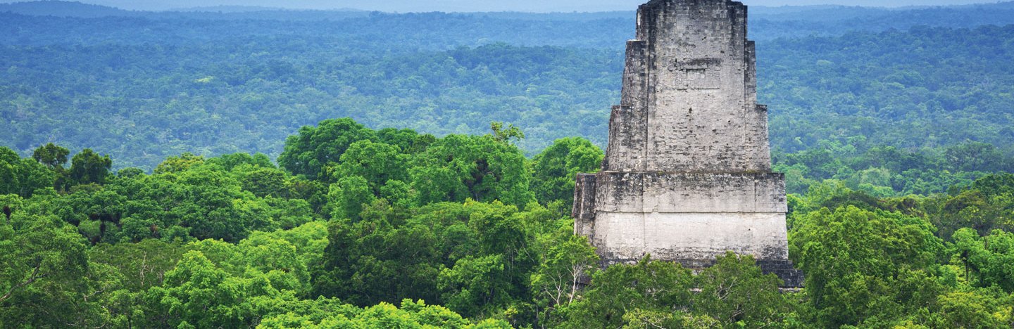 A tower emerges from the forest around the Maya city Tikal in Guatemala.